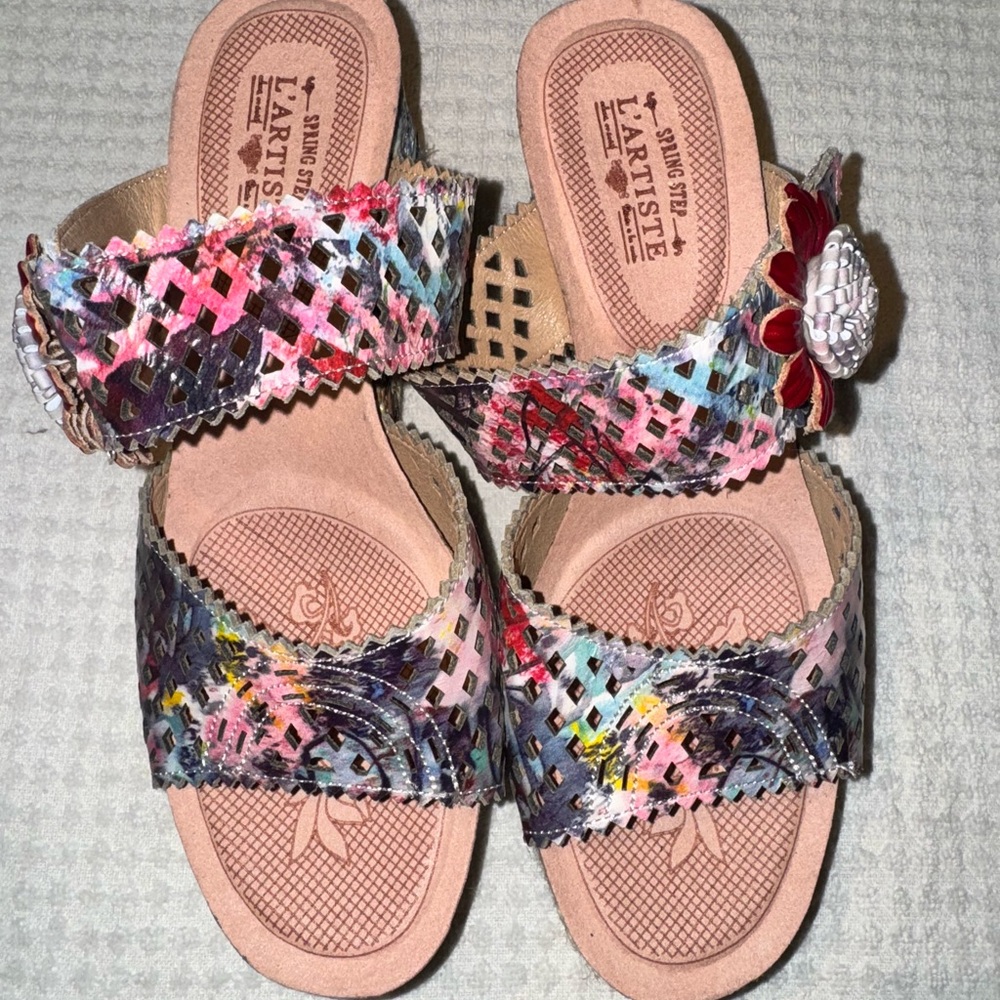 Vibrant Pink and Red Floral Sandals with Ruffled Straps